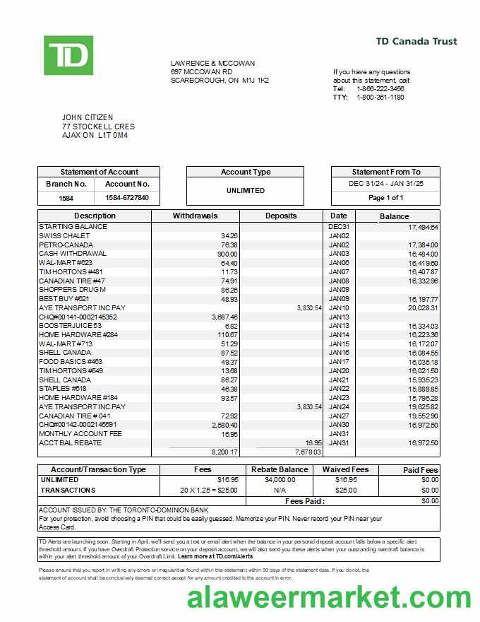 Canada TD Canada Trust bank statement template in Excel and PDF formats